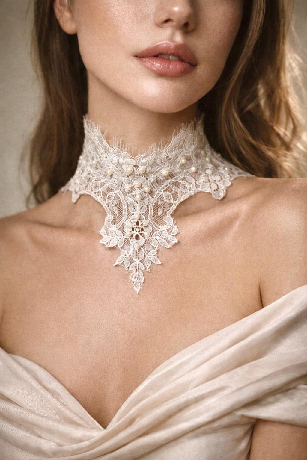 Handmade Lace Choker with Pearls, Natural Ivory Lace Collar, Romantic Bridal Necklace, Victorian Inspired