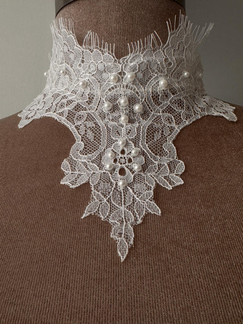 Handmade Lace Choker with Pearls, Natural Ivory Lace Collar, Romantic Bridal Necklace, Victorian Inspired